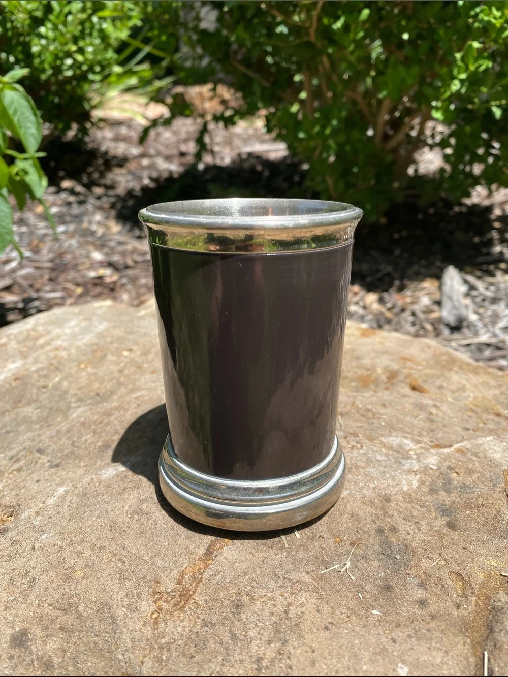 Silver-Trimmed Dark Brown Cylindrical Tumbler